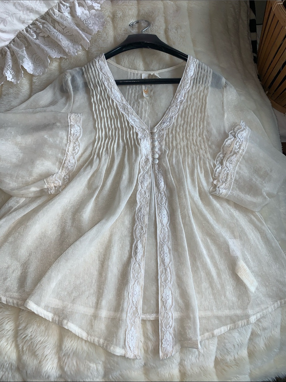 Sheer open front Lacey cardigan jacket blouse babydoll top L